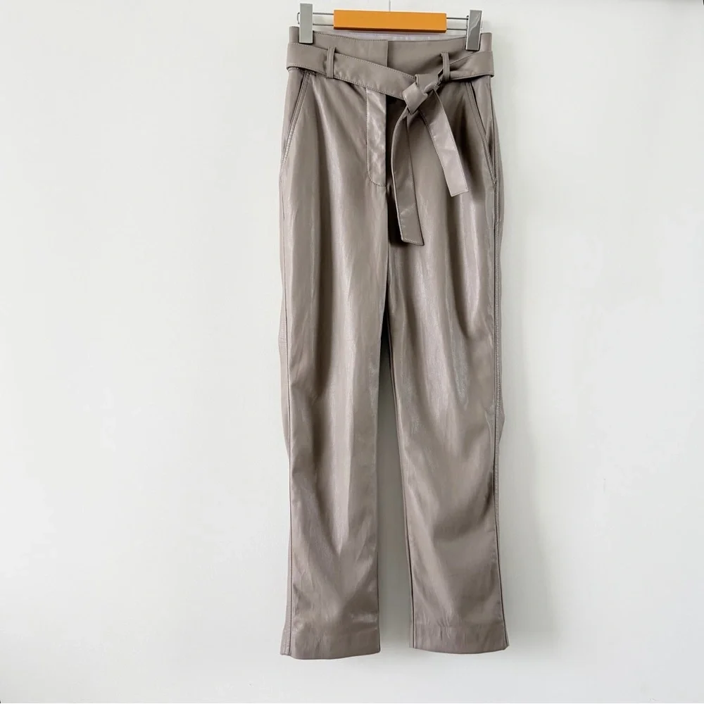 Babaton Aritzia Vegan Leather Belted Pants Taupe High Rise Size 0 - Picture 2 of 13
